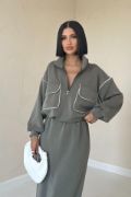 Haki Biyeli Sweatshirt Ve Etek Takım resmi